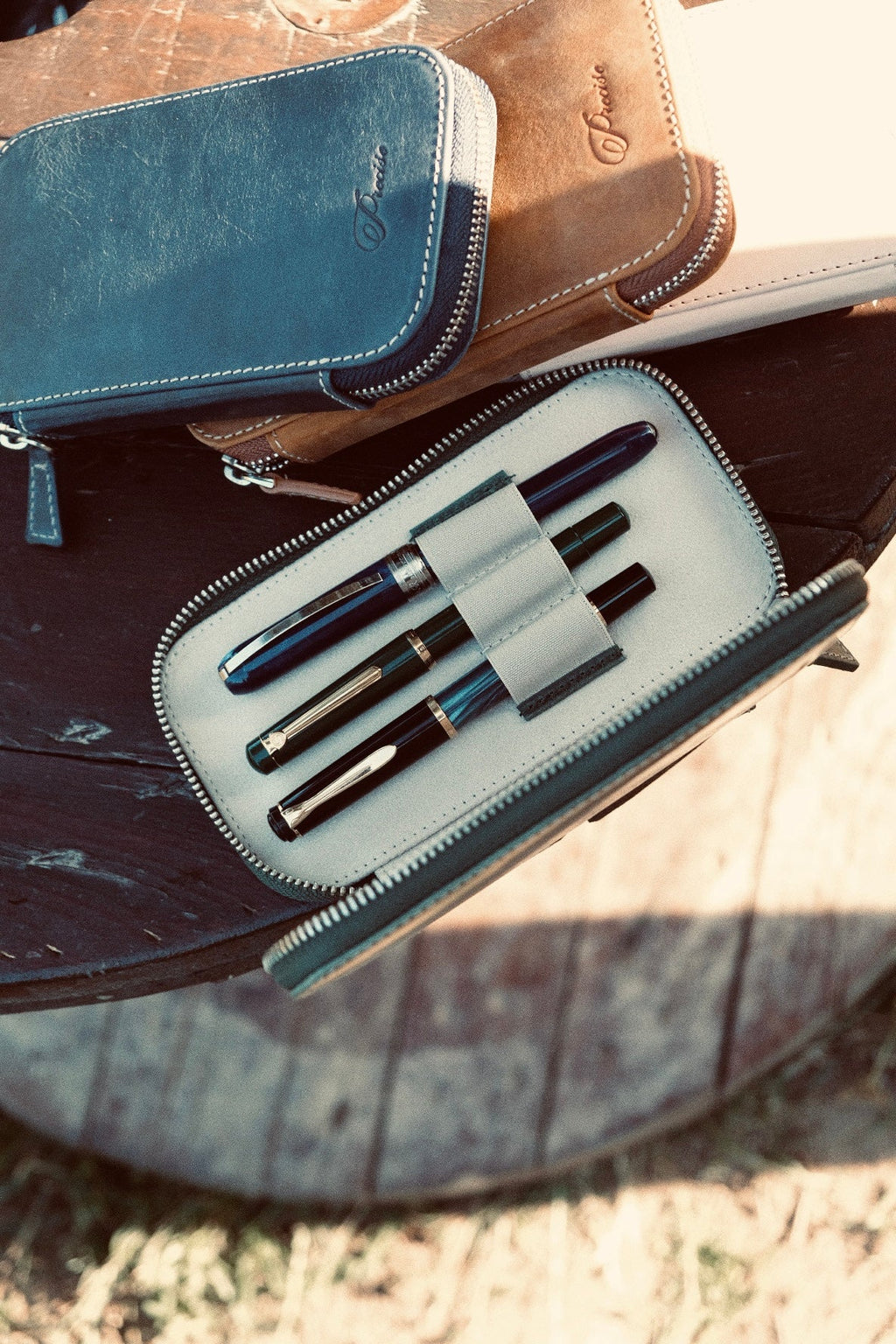 Crazy Horse Green Pen Case - 3 Slots