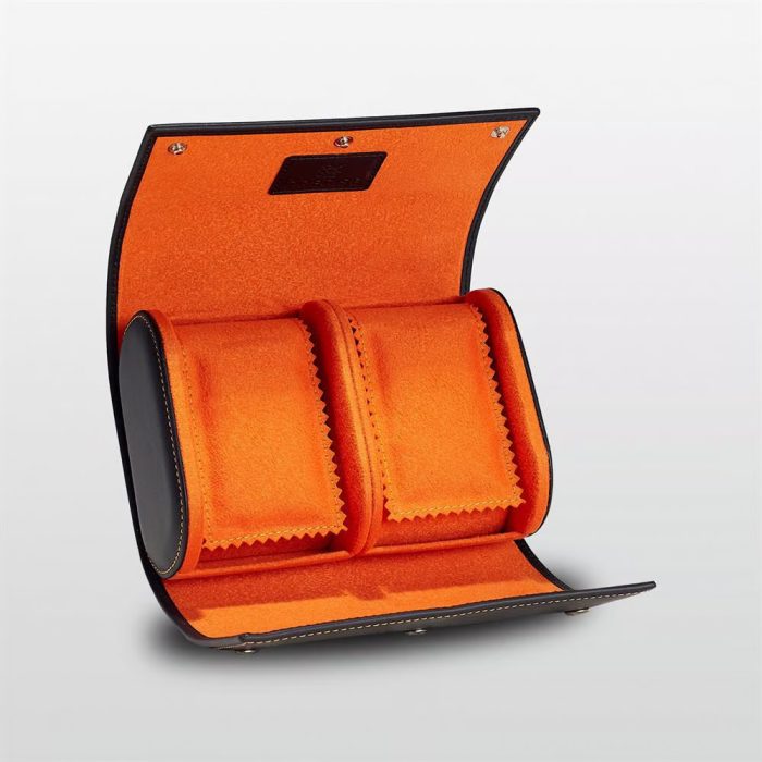 Double Leather Watch Travel Case Black Orange